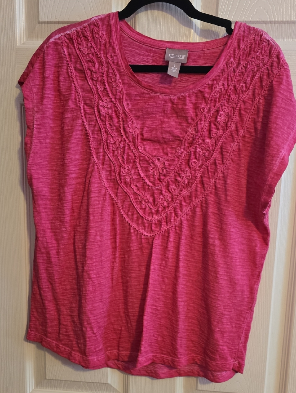 Chico's Pink Short Sleeve Scoop Neck Top with Embroidered Yoke